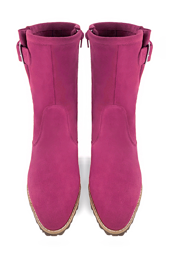 Fuschia pink women's ankle boots with buckles on the sides. Round toe. Medium block heels. Top view - Florence KOOIJMAN